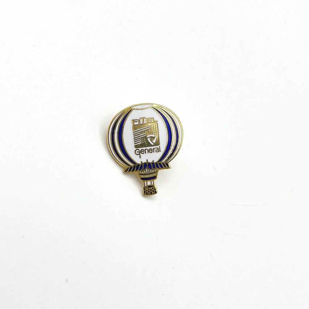 Vintage FITEL General Hot Air Balloon Enamel Pin Gold Tone Blue White Logo 1"